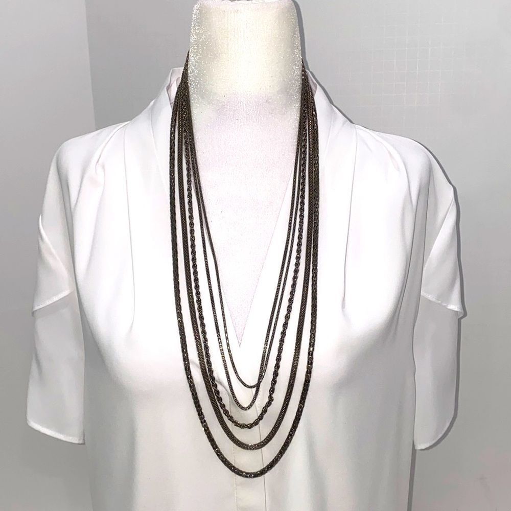 Multi Layered Silver Tone And Gun Metal 5 Layer Chain Necklace